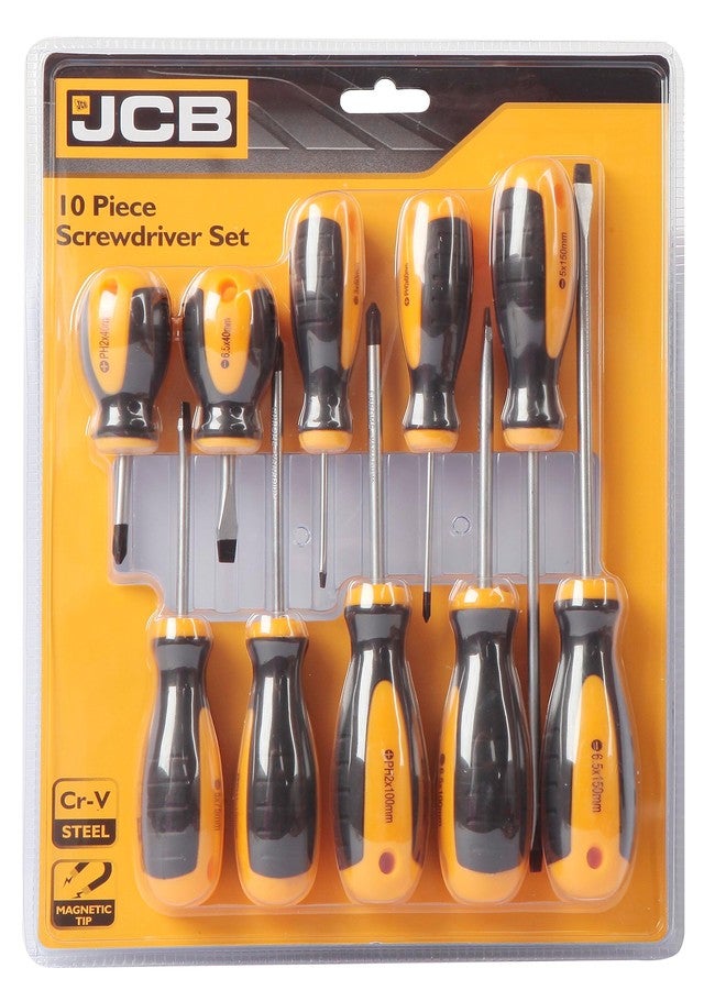 مجموعة مفكات براغي JCB Tools مكونة من 10 قطع: 3x50، 6.5x100، 6.6x150، 6.5x40، 5x75، 5x150، PH0x60، PH1x100، PH2x100، PH2x40، شفرة من الكروم والفاناديوم، مقبض مريح - 22025749